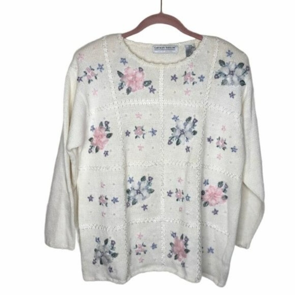 CAROLYN TAYLOR Floral Embroidered Sweater Size Medium VINTAGE - Picture 3 of 10